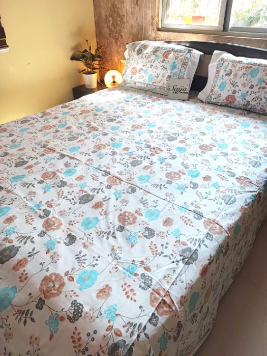 Deluxe Premium Cotton Floral White Ash Grey Blue Double Bedsheet Queen