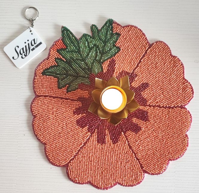 Designer Peachy Orange Round Floral Beaded Table Placemat Mat