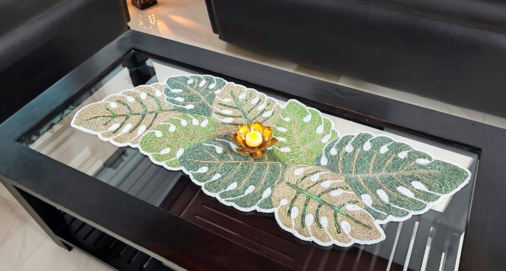 Monstera Dancing leaves Multi Coloured Green Gold Beaded Table Runner