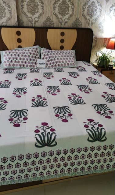 Vintage Handblock Pink Purple Pookalam Floral Pure Cotton King Double Bedsheet