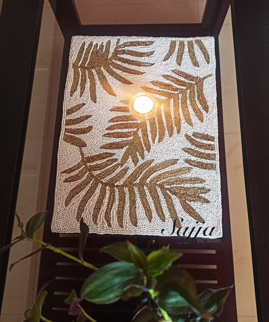 Stylish White Gold Leaves Beads Mats Décor Small Runner 